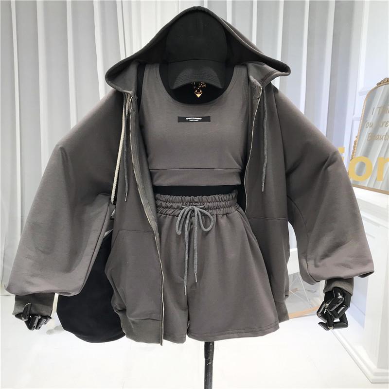 Casual Women Coat Drawstring Shorts Vest Set Breathable Women Hoodie Pocket Design Zipper Closure Female