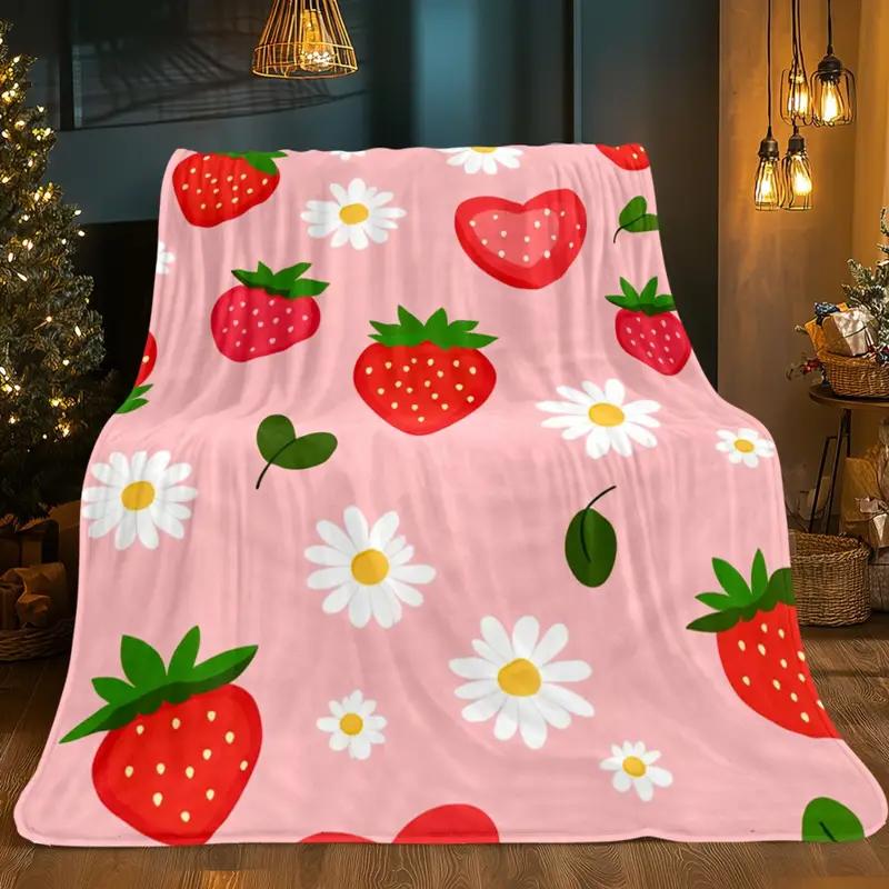 Strawberry and Sunflower Flannel Blanket - Lightweight and Warm for Sofa, Travel, Bed and Office, Christmas and Halloween
