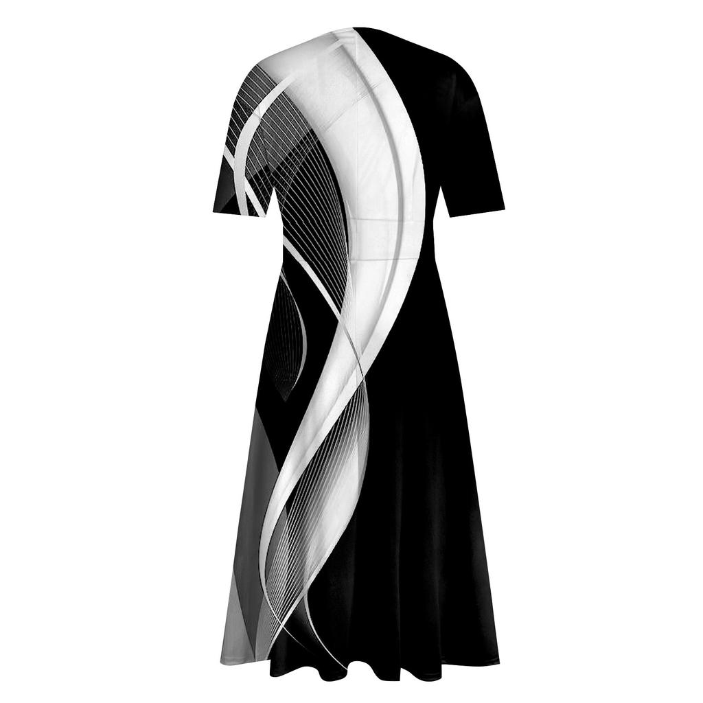 Ladies Casual Fashion Print Color V-Neck Short Sleeve Waist Long Swing Dress
