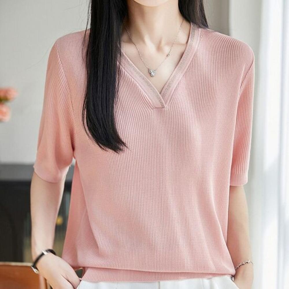 NaVaVa Women Simple Ribbed V Neck Half sleeVe KniT T shirT Nk3694