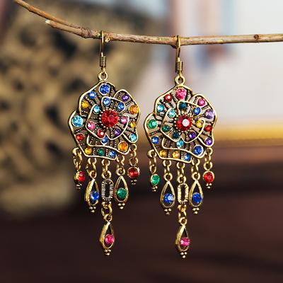 Retro Ethnic Style Gold Color Metal Geometry Inlaid Pendant With Multicolored Stone Dangling Earrings For Women'S Jewelry.