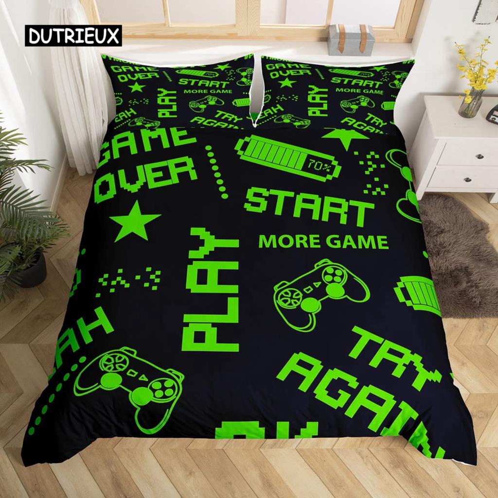 Gamepad Duvet Cover Set Queen Video Game Twin Bedding Set Microfiber Green Cartoon Gamer Pattern Electronic Theme Quilt Cover