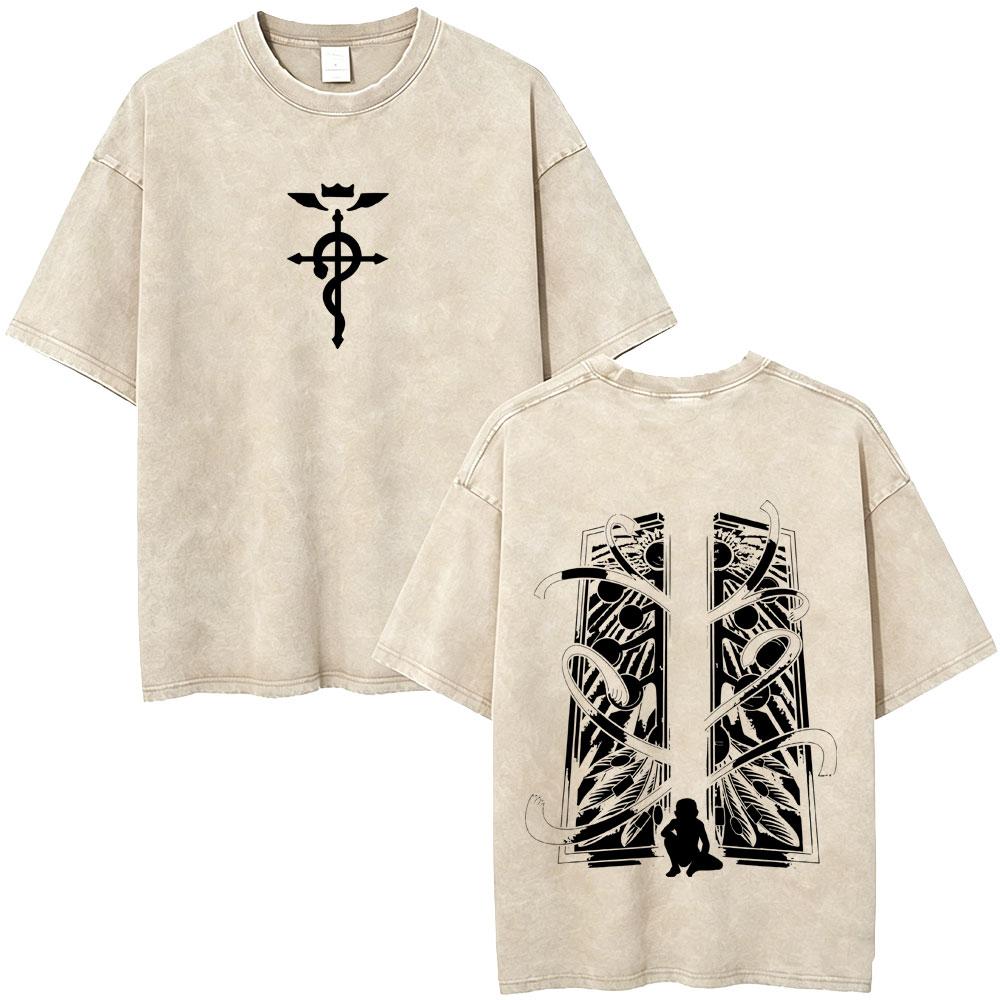 Camiseta Gráfica Lavada Vintage Anime Fullmetal Alchemist Edward Elric y Alphonse Elric para Hombre Mujer Manga Verano Retro Camisetas