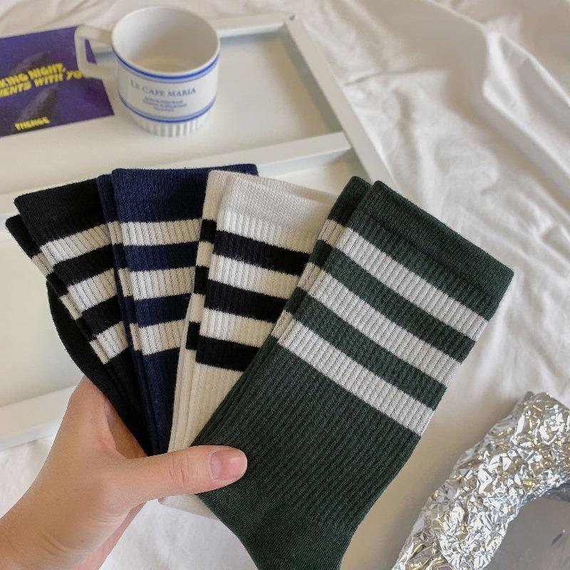 College-style Socks for Women, Autumn and Winter Striped Sports Mid-calf Socks, Trendy and Versatile Long Cotton Socks