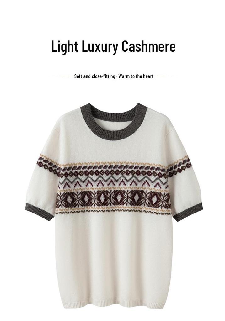 New Jacquard Cashmere Fair Isle Color Block Pullover with Five-Point Sleeves - Perfect for Autumn and Winter