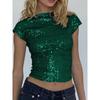 Top de Petrecere Dama Verde cu Paiete, Mânecă Scurtă, Body Fit, Scurt