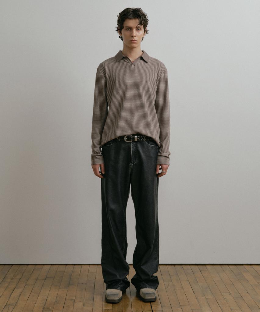 DUSTYWHITE Gray Boucle Striped Textured Collar T Shirt