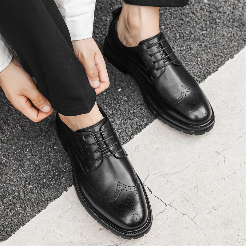 Men Brogues Fashion Lace Up Leather Casual Shoes Spring and Autumn Round Toe Solid Platform Mid Heel Water Proof Loafers