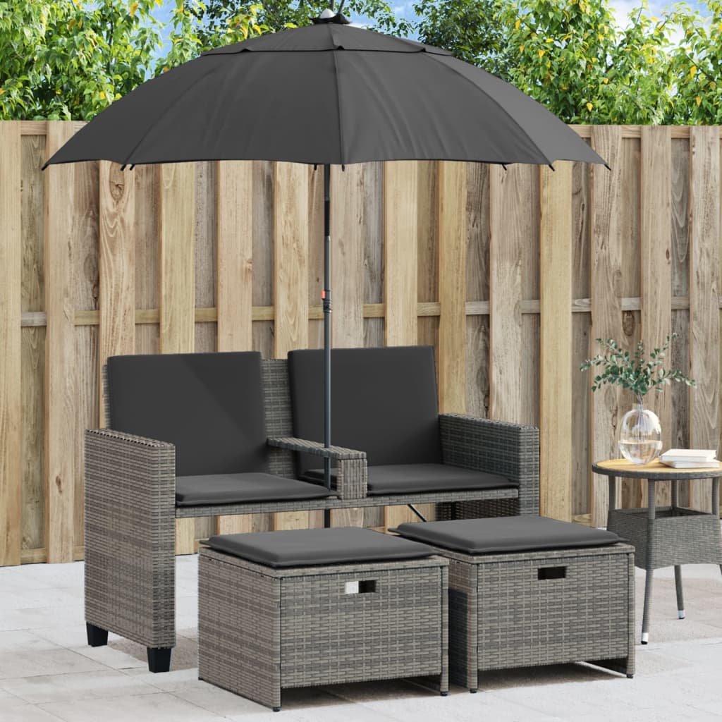 2 Seater Garden Sofa with Sun Umbrella and Footstools Grey Poly Rattan