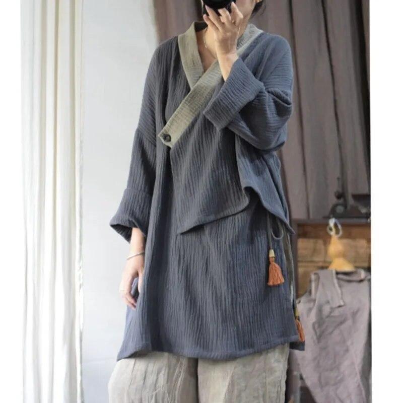 Johnature Distress Lin Kinesisk Skjorte Høst Kvinne Mote Vintage Ensfarge Løs Casual skjorte