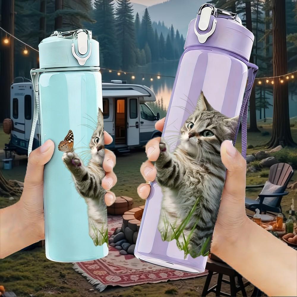 1PC Grey Tabby Kitten Cat Animal Print 750ml Color Plastic Sports Water Bottle Leakproof Flip Straw Lid Suitable for Sports Office Home Use