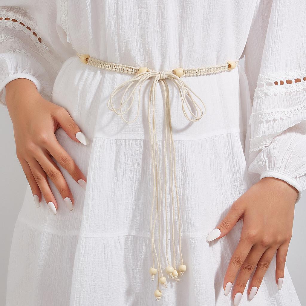 Inspired Cotton Ethnic Womens Belt Wooden Bead Pendant Fashion Waist Rope