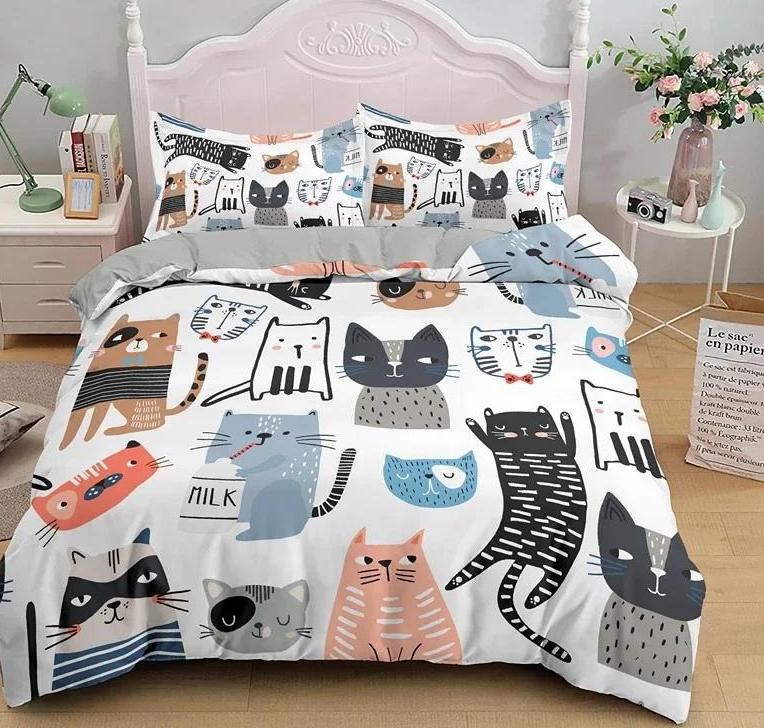 Cartoon Cute Cat Down Duvet Cover 3 Piece Set Single-Sided Printing Bedding Set Comfortable Quilt Cover With 2 Pillowcases