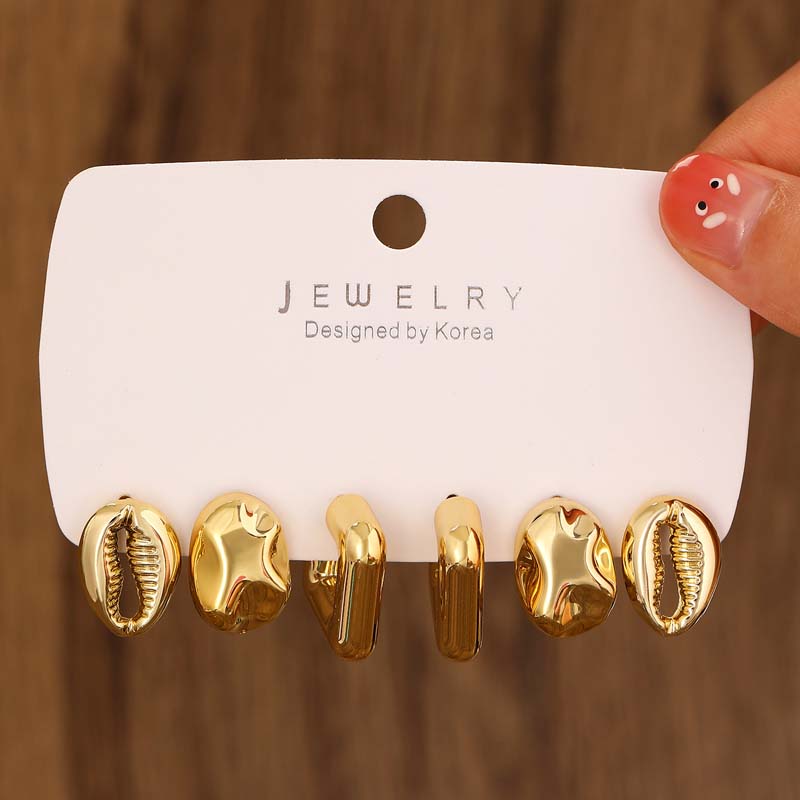 Vintage Gold Color CCB Round Stud Earrings Set for Women Exaggerated Geometric Hollow Personality Earrings Zircon Party Gifts