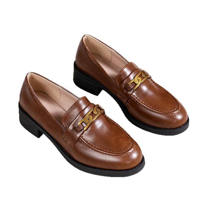 Vintage chain low-top shoes 2025 autumn new plus-size British style mid-heel small leather shoe women