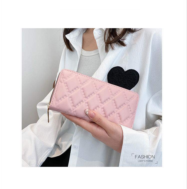 Women's Medium-Length Diamond Pattern Embossed PU Wallet Clutch - Solid Color with Zipper Coin and Phone Slots