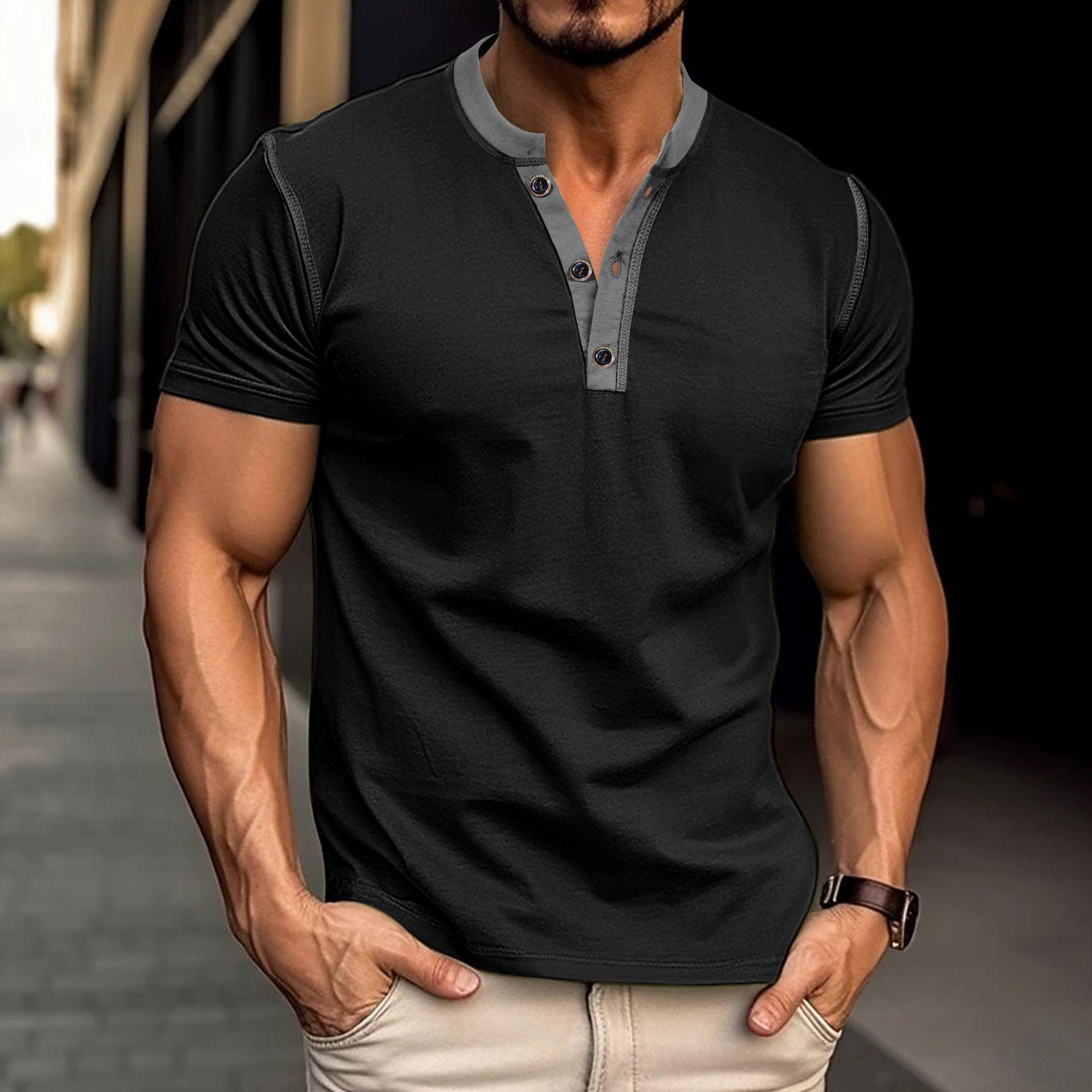 

2024 Summer Color Block Men s Short Sleeve Henley T-shirt XL чёрный