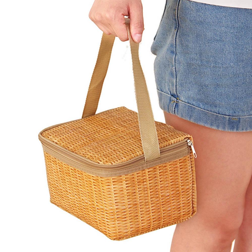 Straw Woven Waterproof Insulated Thermal Bento Bag Insulated Lunch Tote Bag for Travel Picnic Women Lunch Box Natural Pastoral