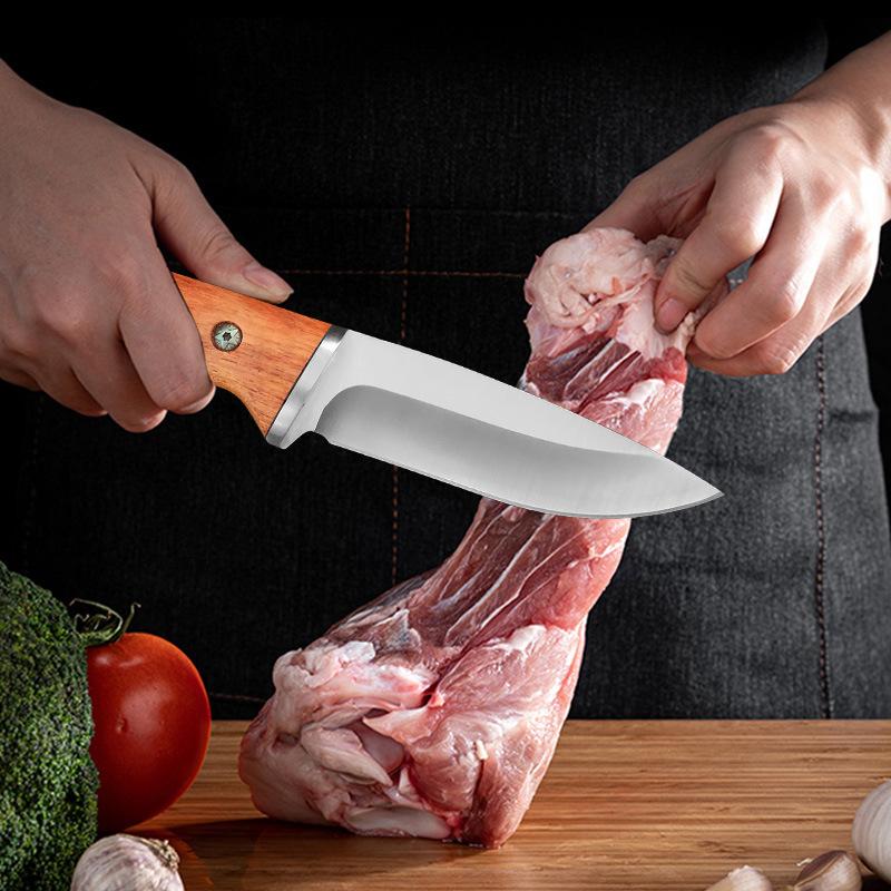 Full Tang Wood Handle Kitchen Knife Meat Cleaver Chef Knife Barbecue Steak Cutting Paring Fishing Knife with Sheath