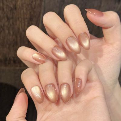 Glitter Press On Nails Short Almond Gel Glue On Cat Eye Nail Neutral Short Stiletto Fake Nails Acrylic Oval False Nails Manicure Kits for Women