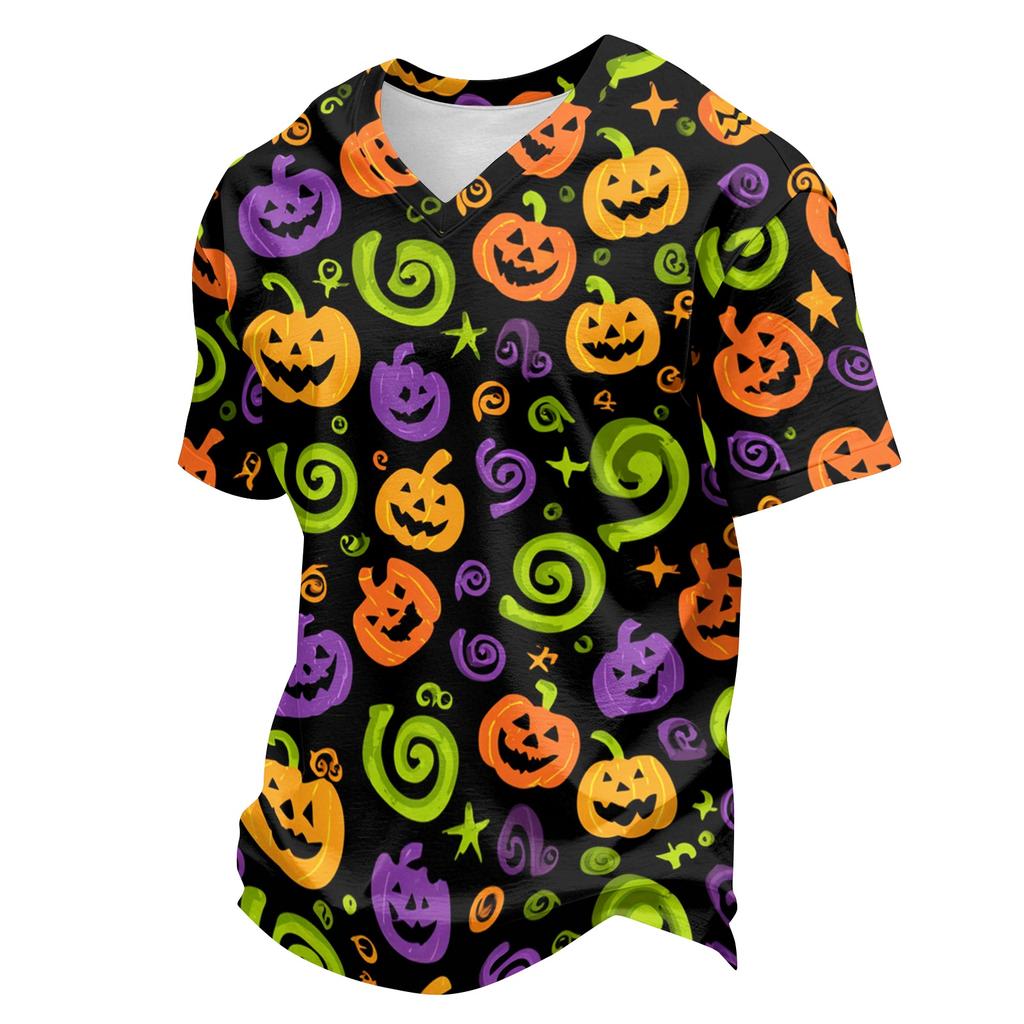Men's Casual Lightweight Breathable Short Sleeve V Neck Shirt Halloween Print Handprint Pattern Comfortable Fit