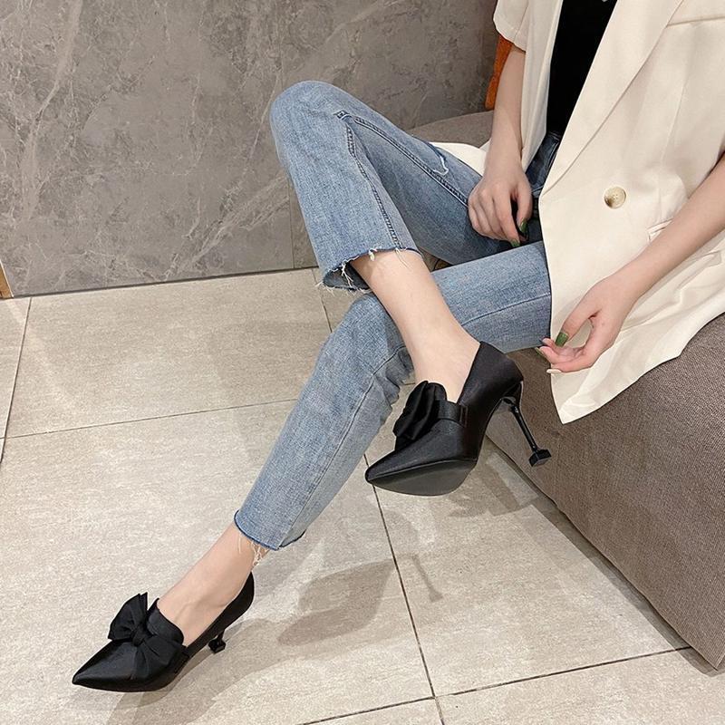 Pointed Bow High Heels Single Shoes Women's Thin Heels Korean Version 2025 Spring New Niche Deep Mouth Shoes Red Wedding Shoes