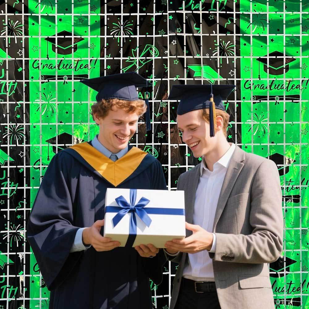 2026 Graduation Square Foil Fringe Curtain Metallic Tinsel Backdrop Door Curtain with Grad Cap Theme for Graduation Party