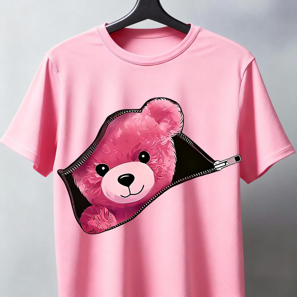 Adorable Bear Zip Pattern Printed Short-sleeved Cotton T-shirt Summer Unisex Men's and Women's Casual Loose Fashion Clothing