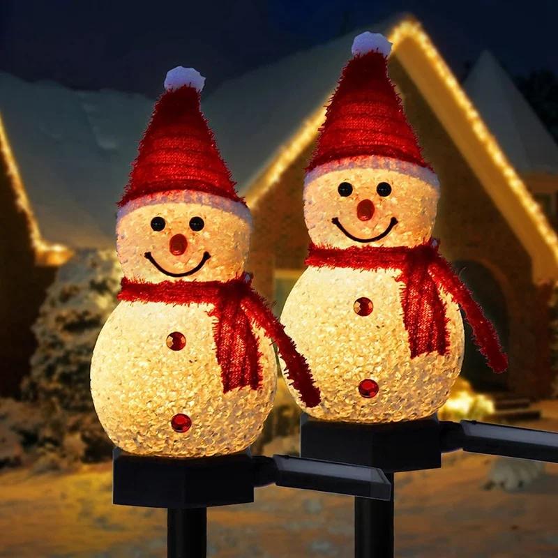 2pcs Solar Christmas Snowman LED Stake Lights Solar Snowman Santa Waterproof Walkway Landscape Lights For Home Yard Garden Decor
