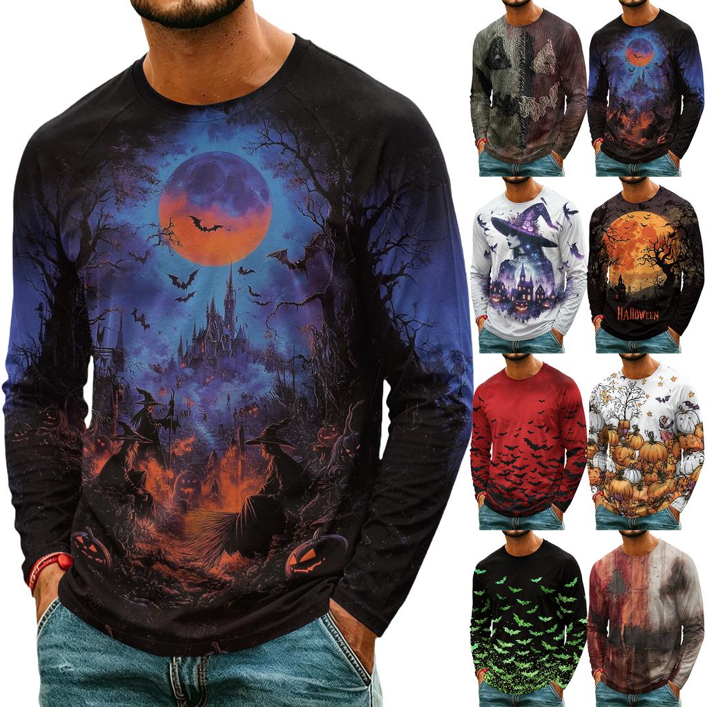 Men's Casual Long Sleeve Halloween Printed T-Shirt, Lightweight Neck Top for Daily Wear