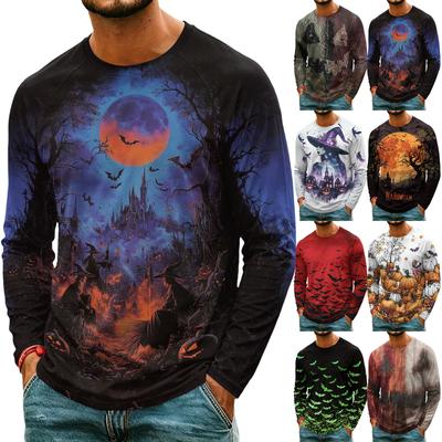 Men's Casual Long Sleeve Halloween Printed T-Shirt, Lightweight Neck Top for Daily Wear