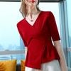 Mid-sleeved T-shirt for Women New Women's Cross-v-neck Half-sleeved Cotton T-shirt Asymmetric Waist-hugging Niche Chic Top