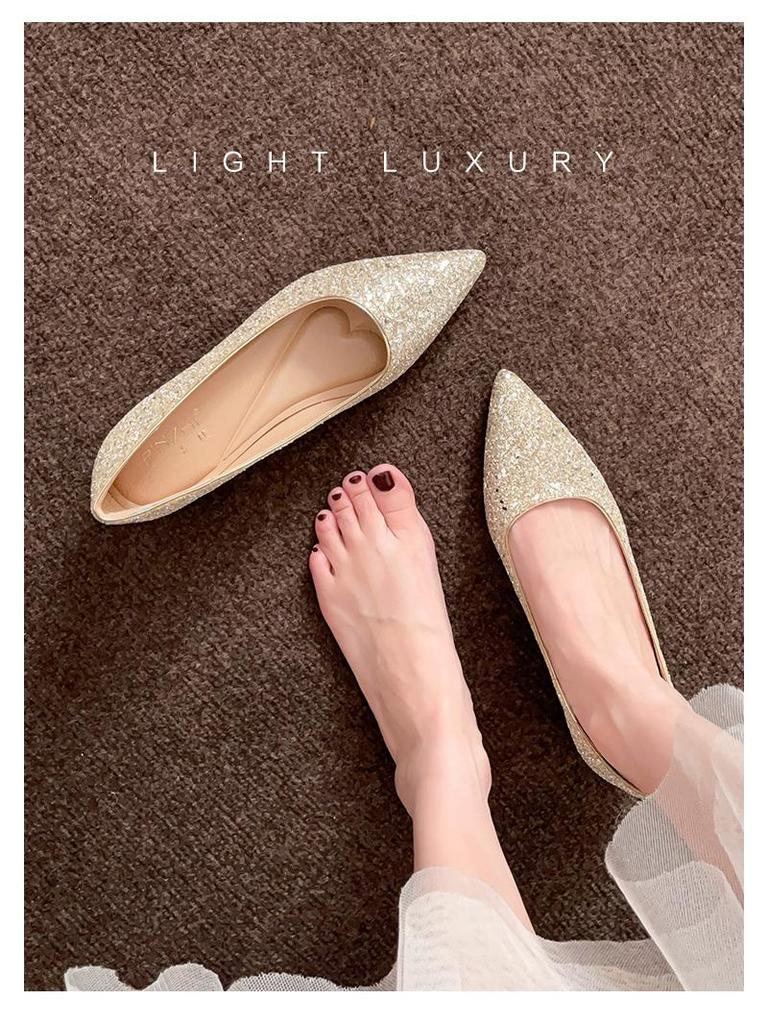 Neue Frühling/Sommer Damen Pailletten Spitzschuh Versteckter Absatz Ballerinas - Französischer Stil Abend Pendlerschuhe