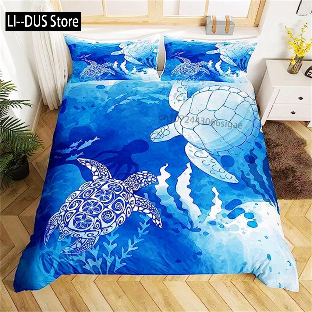 Sea Turtle Duvet Cover Green Blue Ocean Bedding Set Colorful Underwater World For Kids Child Women Nautical Sea Animal Reptile