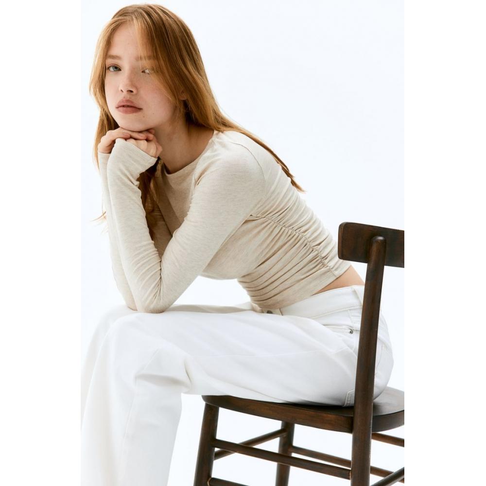 

H M Jersey Gather Top Light Beige Melange