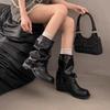 Western cowboy boots women's 2025 summer new pleated pile black round head retro leather thick heel knight boots women