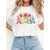 European Size Women's Hawaiian ALOHA Print T-Shirt - Tropical Hibiscus & ALOHA Text Design, Lightweight Crew Neck Hawaiian Vacation Tee for Summer