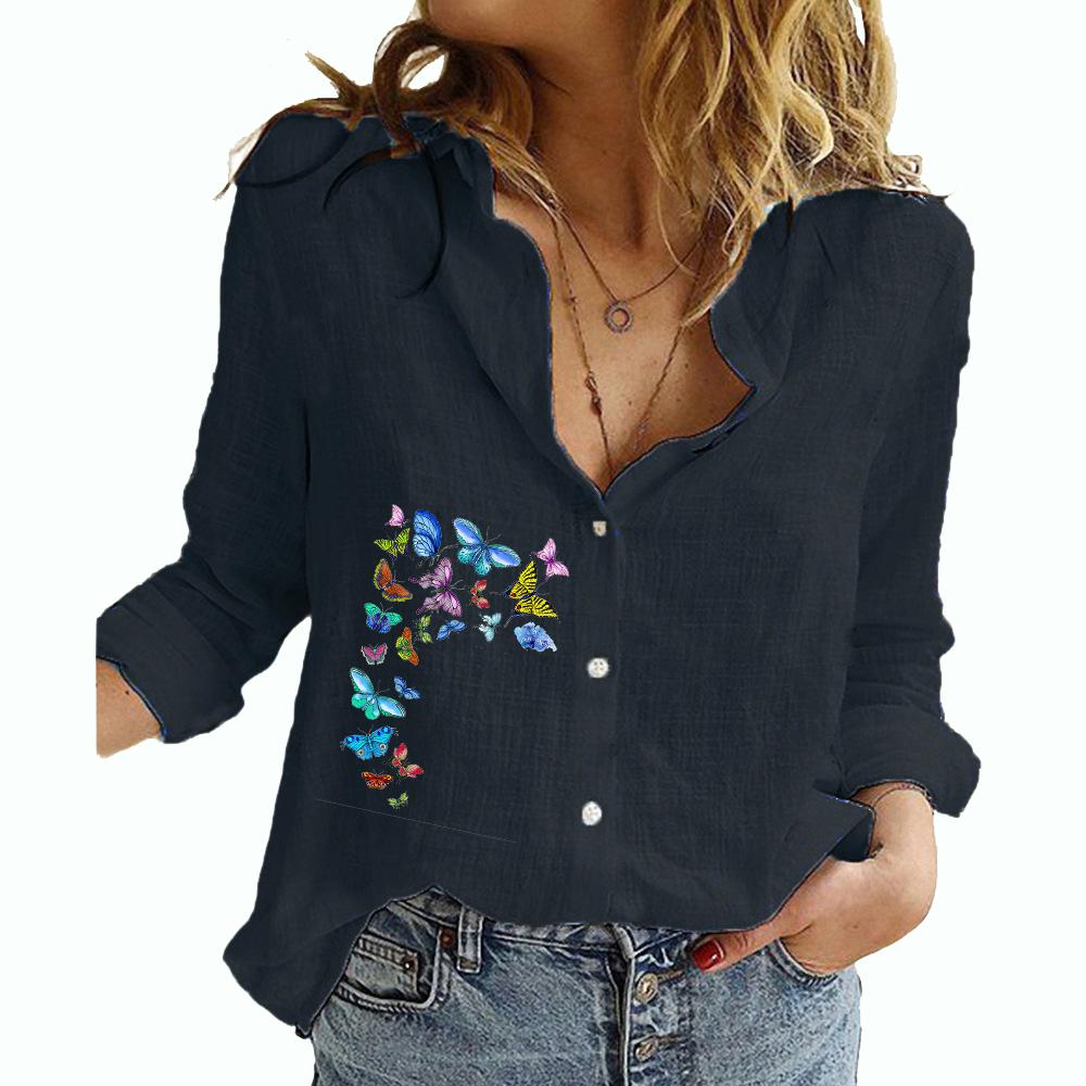 Women Fashion Print Shirt Female Casual Cotton Linen Long Sleeve Top Plus Size Loose Button-down Blouses