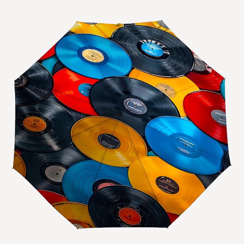 Vinyl Records, Music Collection Themed Automatic Opening and Closing Umbrella, Brightly Colored 8-rib Portable Umbrella, Suitable for Men an
