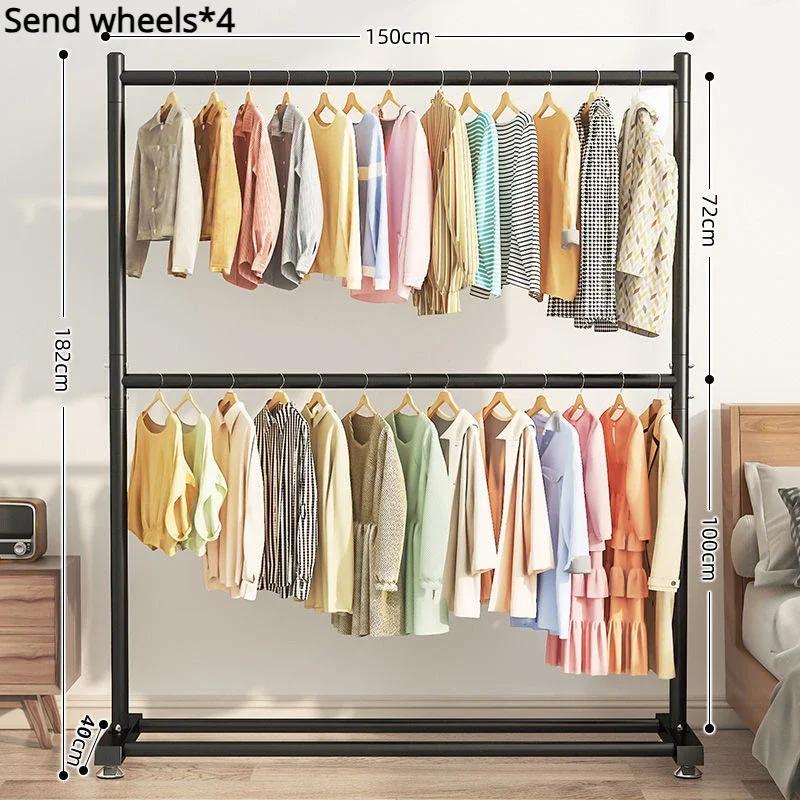 Simple Rolling Clothes Rack Floor Hanger Large Assembled Wardrobe Shoe Shelves Double Layers Coat Hanger Stand Home Furniture