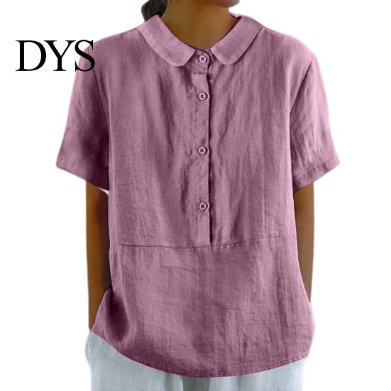 Women Shirt Casual Doll Collar Buttons Half Placket Short Blouse Sleeve Single Breasted Solid Color Loose Fit