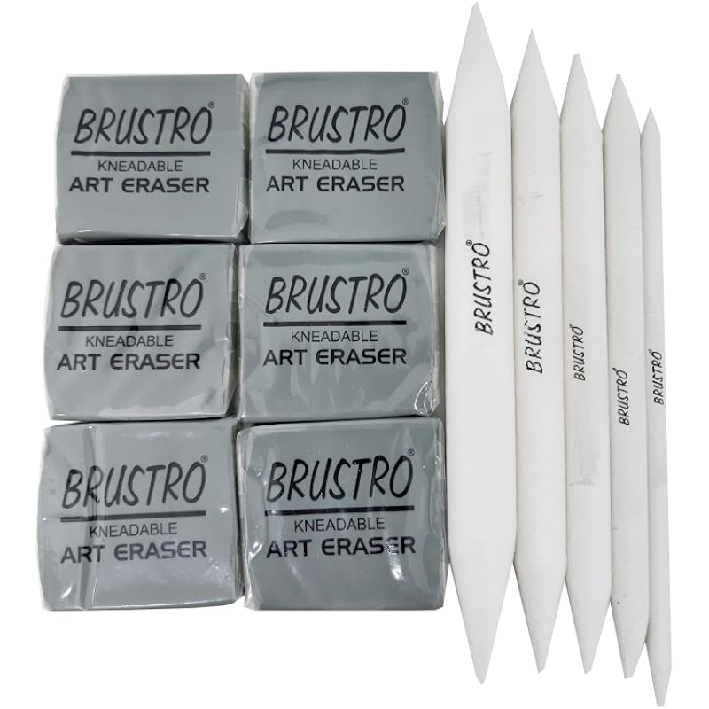 Brustro Kneadable Art Eraser - Pack Of 6 With Blending Stump Set | Ideal For Professional Art, Shading, Sketching, Clean