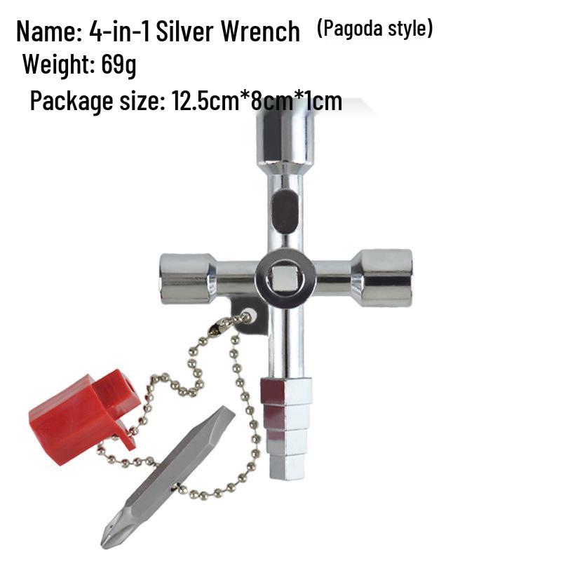 Multi-functional Silver Triangular Wrench with Bit Key & Four-in-One Pagoda
