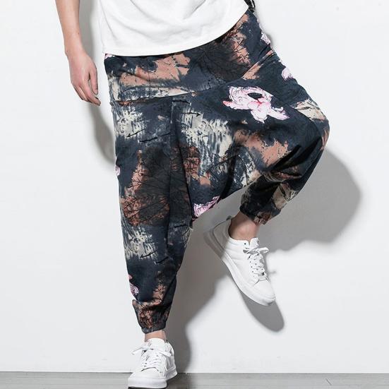 Harem Pants Large Crotch Ankle Tied Fashion Print Elastic Waist Loose Streetwear Plus Size Baggy Pants for Daily Wear