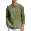 Men's Linen Henley T-Shirt Long-sleeved Cotton Button-down Casual T-Shirt Top