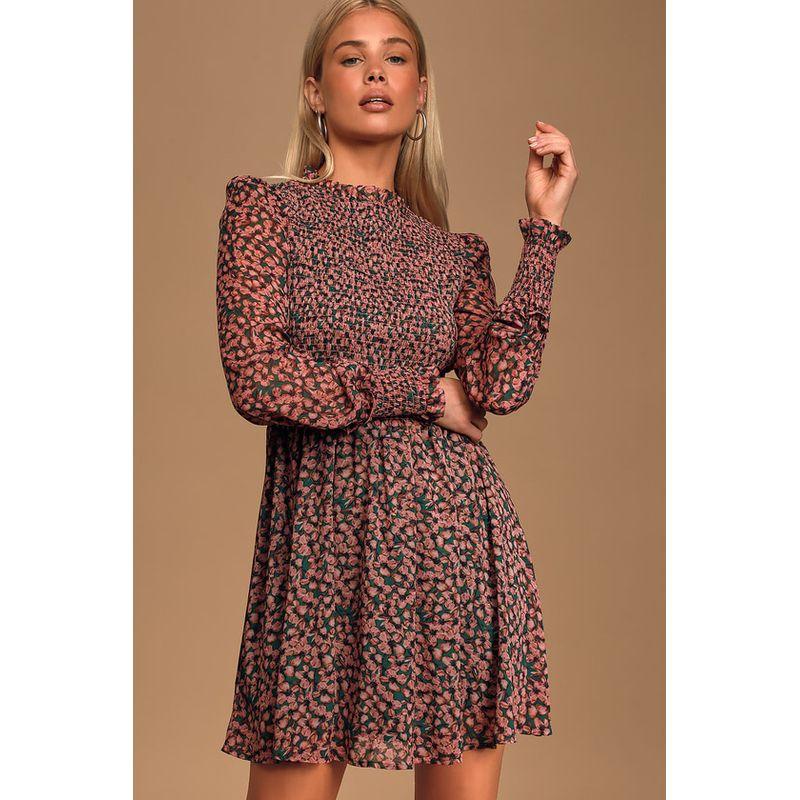 

Export Single L Home U Fungus Long Sleeve Exquisite Print Chiffon Perspective Elastic Band Waist Shaping Large Swing Short Dress Women Pink Green L
