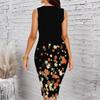 Women Plus Size Sleeveless Round Neck Midi Bodycon Dress Black Base Autumn Leaf Print Slim Fitted Dress