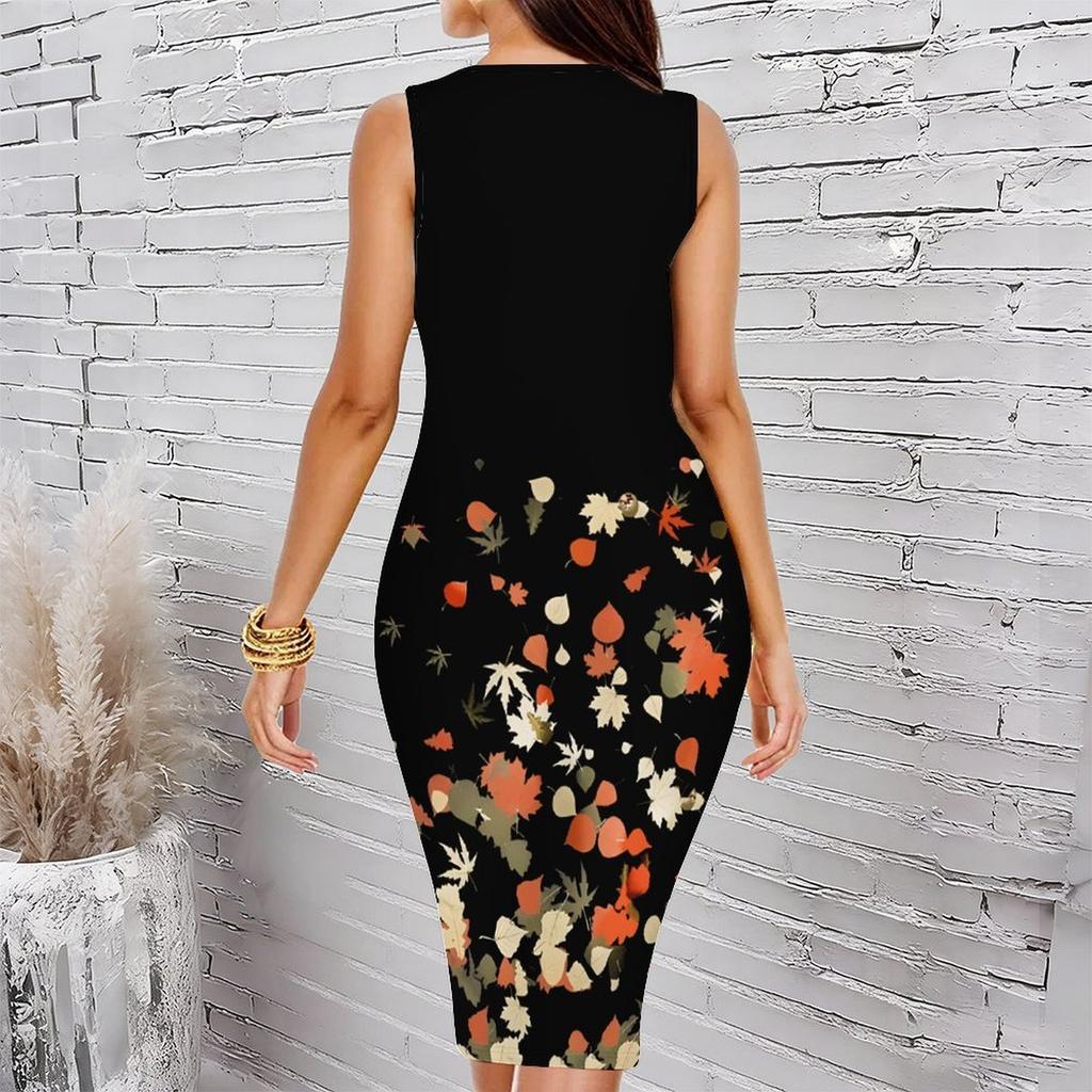 Women Plus Size Sleeveless Round Neck Midi Bodycon Dress Black Base Autumn Leaf Print Slim Fitted Dress
