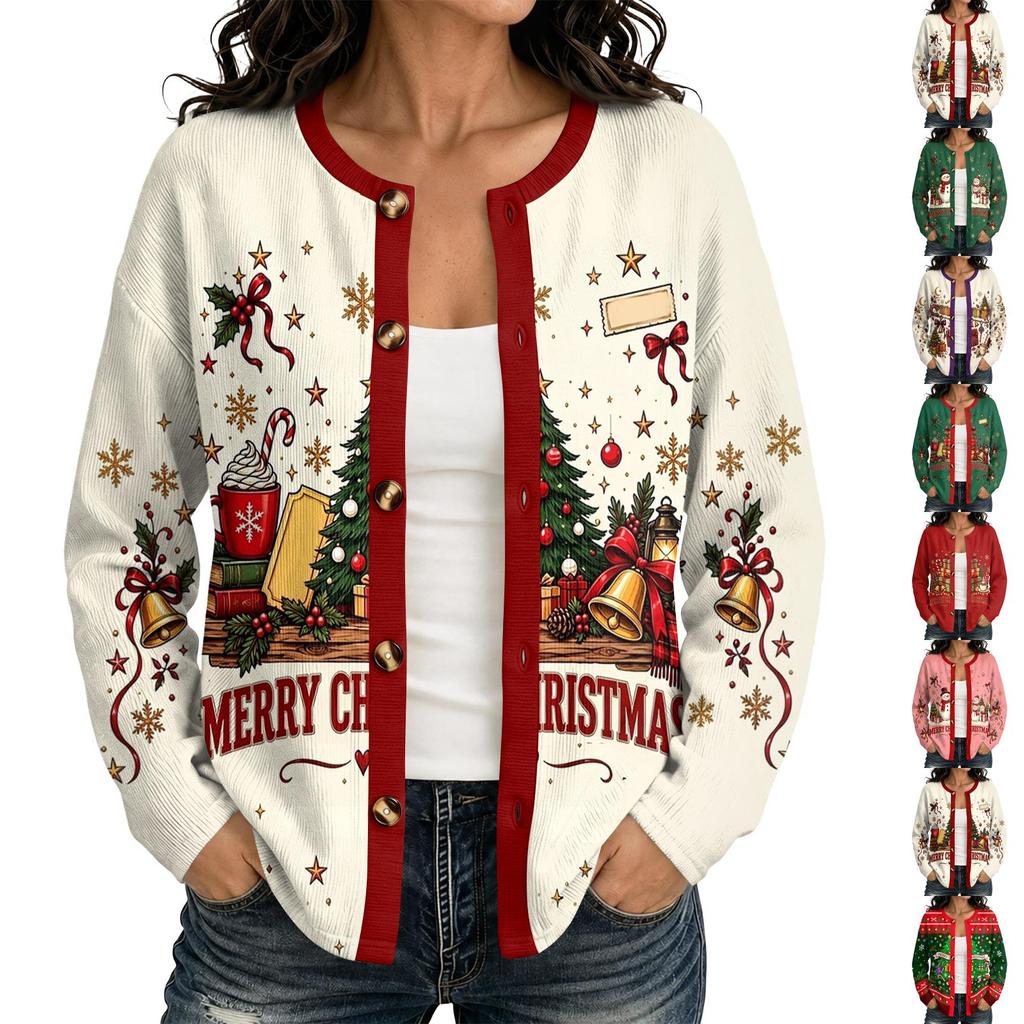 Women's Long Sleeve Christmas Print Cardigan, Open Front Knit Sweater for Holiday Wear