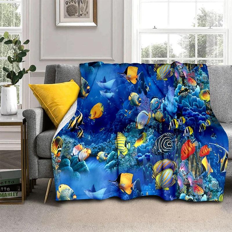 3D Underwater World Seabed Cartoon Blanket,Soft Throw Blanket for Home Bedroom Bed Sofa Picnic Travel Office Cover Blanket Kids